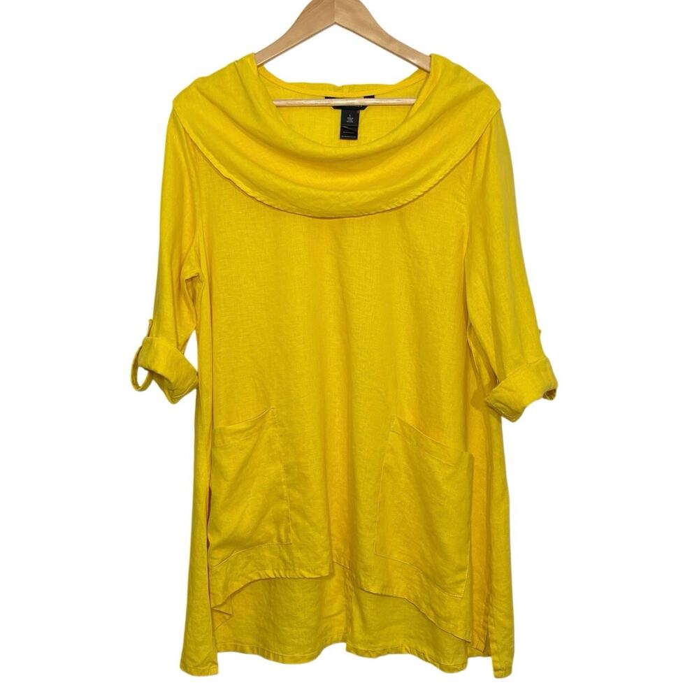 Ali Miles Sunshine Yellow Linen Tunic Top Women’s L Cowl Neck Lagenlook Pockets